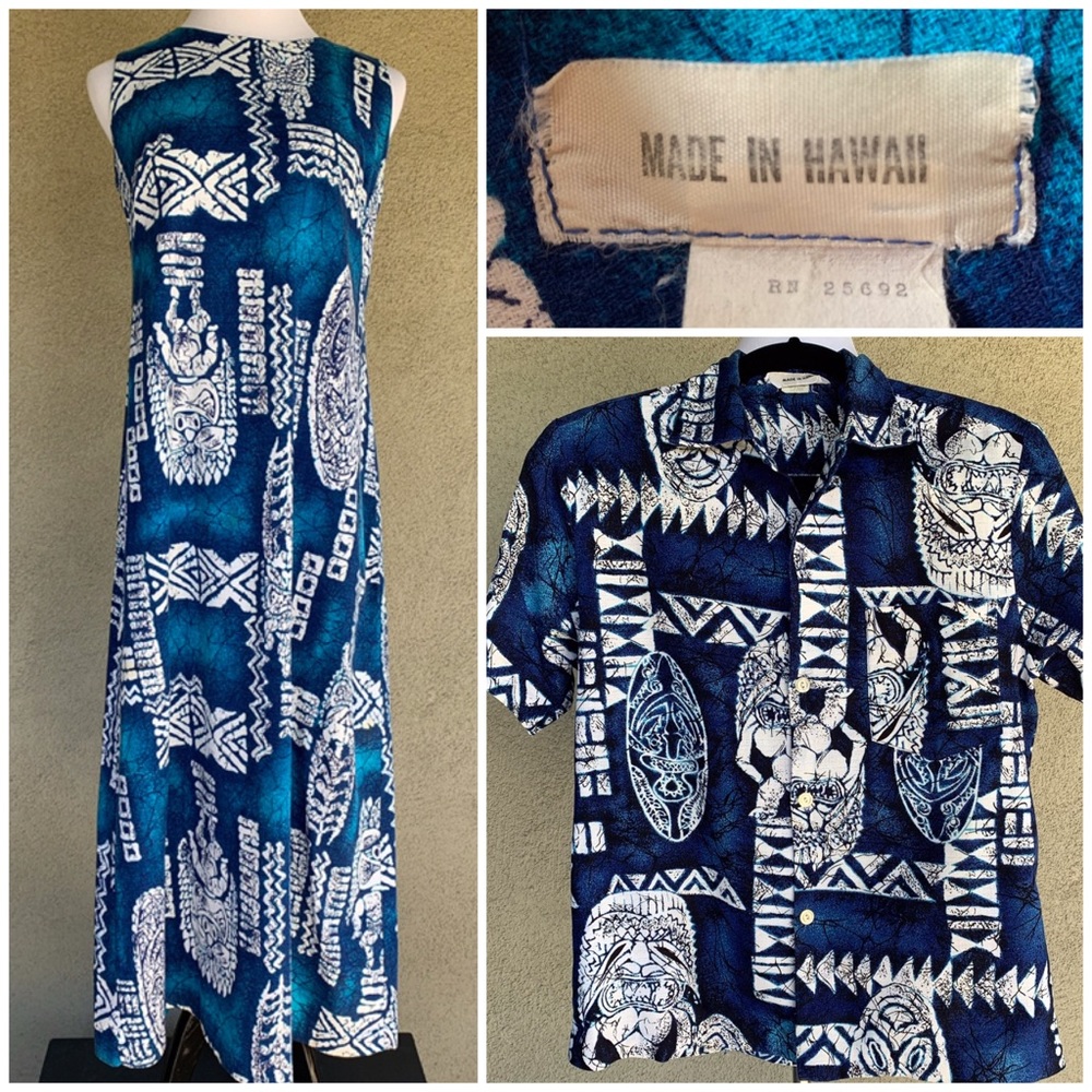 🌺 Vintage Hawaiian Barkcloth Dress & Shirt Set Tikis